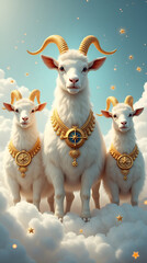 Mythical White Goats with Golden Horns