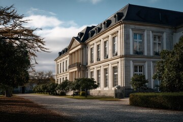 Grand Chateau: Sunlit Stone Mansion with Formal Gardens