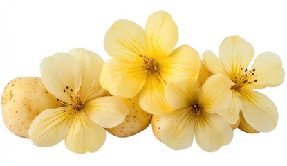 Obraz premium Fresh Yellow Potatoes and Delicate Yellow Flowers Against a White Background for Culinary or Nature Themes