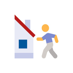 Illustration of a person walking towards a building with a red roof and a blue window on a white background