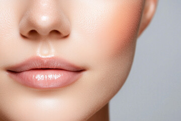 Obraz premium Close up of smooth, radiant face showcasing healthy skin with natural glow, featuring soft lips and subtle blush on cheeks, emphasizing beauty and skincare