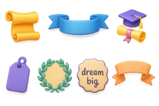 Graduation celebration icons set – diploma, cap, ribbon, laurel, tag, dream, scroll. 3D icon set