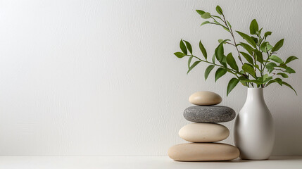 Serene arrangement featuring balanced stones and vase with green leaves, creating calming atmosphere perfect for relaxation and mindfulness. minimalistic background enhances natural beauty