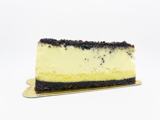 A delicious slice of cheesecake with a smooth, creamy texture and layered crust, often topped with fruits, jam, or chocolate. Perfect for dessert-themed visuals and culinary design.