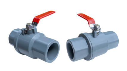 Two gray PVC valves with red handles for plumbing, side by side.
