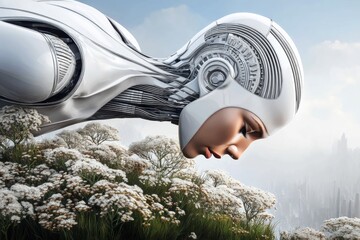 Female humanoid robot with white and silver skin, floating in the air above an alien landscape filled with lush greenery and exotic flowers. The background features a futuristic cityscape.