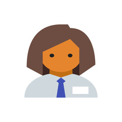 Illustration depicting a woman with short brown hair wearing a white shirt and blue tie avatar style