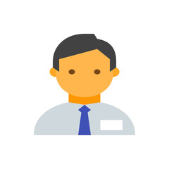 Illustration of a man with an orange face, dark hair, wearing a light blue shirt and a blue tie icon