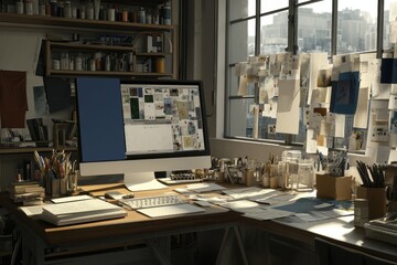 Creative workspace with computer, art supplies, and pinned ideas.  Desk cluttered with papers, paints, and tools.  Lots of light from a large window