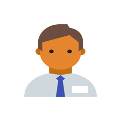 Illustration of a man with brown hair, orange skin, wearing a white shirt and blue tie on a white background