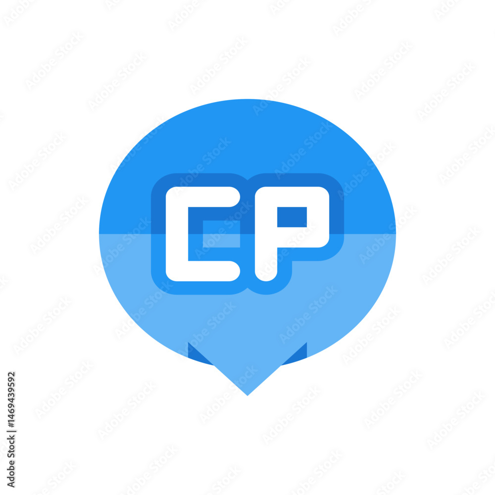 Poster a blue map pin with white letters cp inside representing location and navigation in a modern style