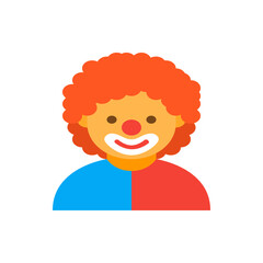 Illustration of a clown with orange curly hair, red nose, white makeup, and a blue and red costume design