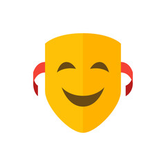 Illustration of a yellow theatrical mask with a smiling expression and red ribbons on the sides