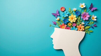 Paper cut head silhouette filled with vibrant flowers and butterflies - blossoming mind