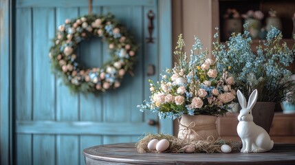 Vases with flowers and a bunny on a table easter home decor