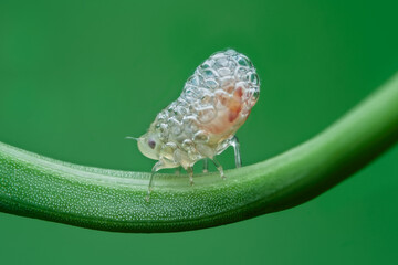 Spittle bug nymph on the leaf stem from side view