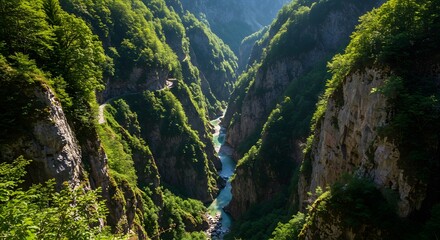 River Canyon Landscape with Cliffs and Green Trees