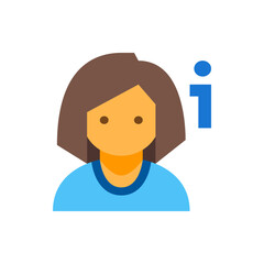 Illustration of a person with brown hair and blue shirt with an information icon to the right side