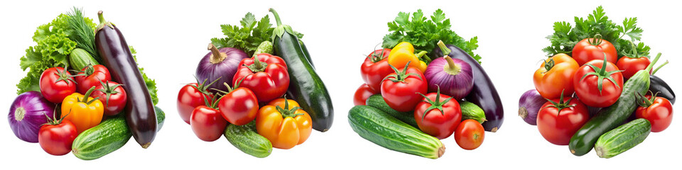 Fresh Organic Vegetables Collection on Transparent Background &ndash; Colorful Tomatoes, Eggplants, Peppers and Greens for Food Marketing, Recipe Websites and Healthy Eating Promotions