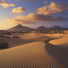 The dramatic Dunas de Corralejo in evening light on the volcanic island of Fuerteventura, Canary Islands, Spain