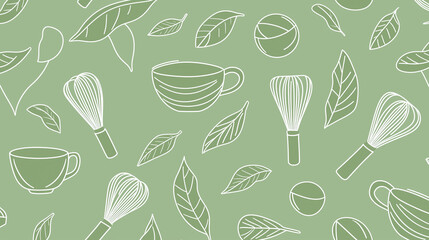 Seamless lineart pattern featuring matcha icons, including whisks, bowls, and leaves, all set against calming green background. This design evokes sense of tranquility and wellness
