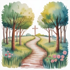 Obraz premium Charming Watercolor Illustration of a Serene Path Through Trees Leading to a Cross in a Sunny Meadow