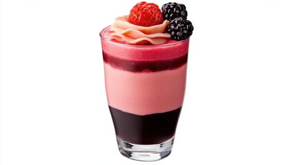 Layered Dessert In Clear Glass With Berries And Pink Mousse On White