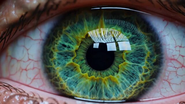 Closeup of vibrant green eye showing dynamic pupil dilation with reflective light patterns
