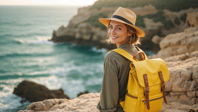 Smiling woman in a straw hat with a yellow backpack looks over her shoulder at the sea.