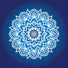Elegant white mandala on blue background, complex circular artwork