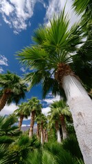 Fototapeta premium Palm trees reaching towards a vibrant sky. Lush green foliage and white trunks