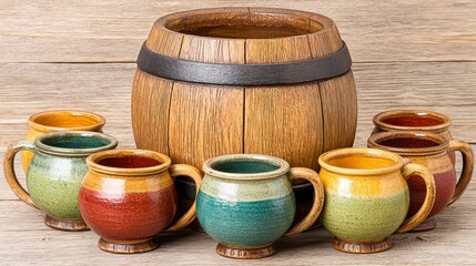 Rustic Multicolored Stoneware Mugs and Barrel on Wooden Background
