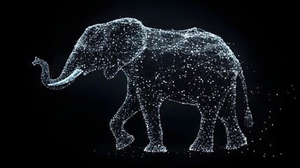 Elephant Silhouette with Dotted Lines: An abstract elephant silhouette formed by connecting silver dots with thin lines, with the trunk and ears prominently outlined.
