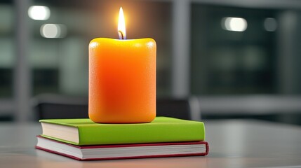 Orange Candle Burning on Stack of Books Indoors Creates a Warm and