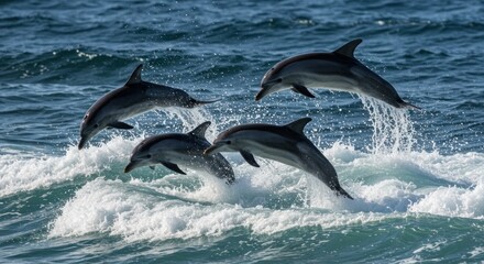 Fototapeta premium Dolphins leaping in the ocean waves