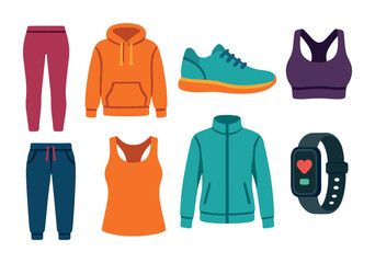 Sports apparel and gear icons set – flat, silhouette, fitness and exercise symbols