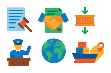 International trade flat icons set – commerce, global business, import-export symbols