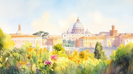 Vibrant watercolor view of Saint Peter's Basilica amidst lush greenery and colorful flowers.