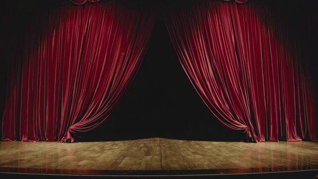 Dramatic red curtain opening on wooden stage revealing dark background