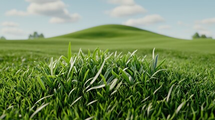 Obraz premium Green Grass Blades In A Lush Field With Rolling Hills Under A Bright