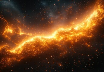 Fiery cosmic nebula,  glowing orange-gold clouds of energy against a dark space backdrop