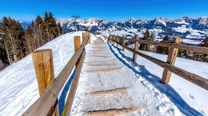 Obraz premium Snowy Wooden Pathway Leading To Mountain Peak With Blue Sky And Snowy