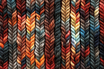 Knitted wool texture. Vibrant close-up of a knitted fabric with a detailed texture and warm, colorful pattern. Generative AI