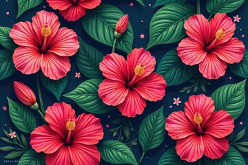 Bold, vibrant hibiscus blooms, tropical leaves, seamless repeat , seamless, exotic, blossom