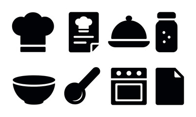 Cooking and kitchen solid icons set - flat, filled, culinary and food preparation graphics