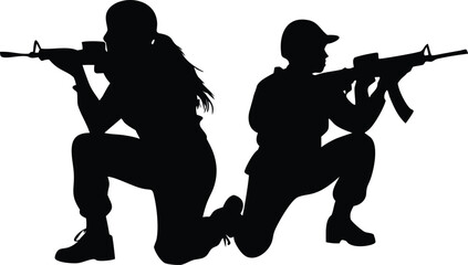 Naklejka premium Silhouette of Two Soldiers in Combat Position with Rifles