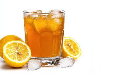 Iced Tea with Lemon Slices and Ice Cubes on White Background