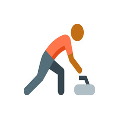 Illustration of a person with an orange shirt and grey pants playing curling on a white background view