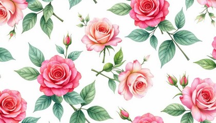 Delicate watercolor roses and leaves, repeating seamlessly , texture, nature, background