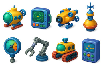 Obraz premium Underwater exploration equipment icons set – submarine, sonar, buoy, gauge, robotic arm. 3D icon set